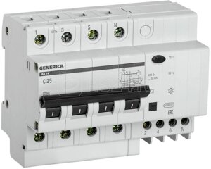 Выключатель автоматический дифференциального тока Generica АД14 25А 30мА С 4п