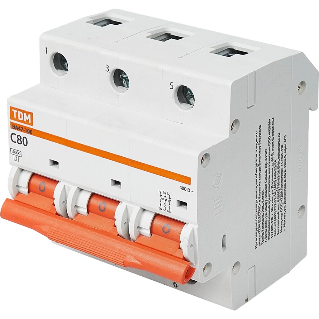 Автоматический выключатель TDM Electric ВА47-100 3P C80 А 10 кА SQ0207-0076 от компании ИП Фомичев - фото 1