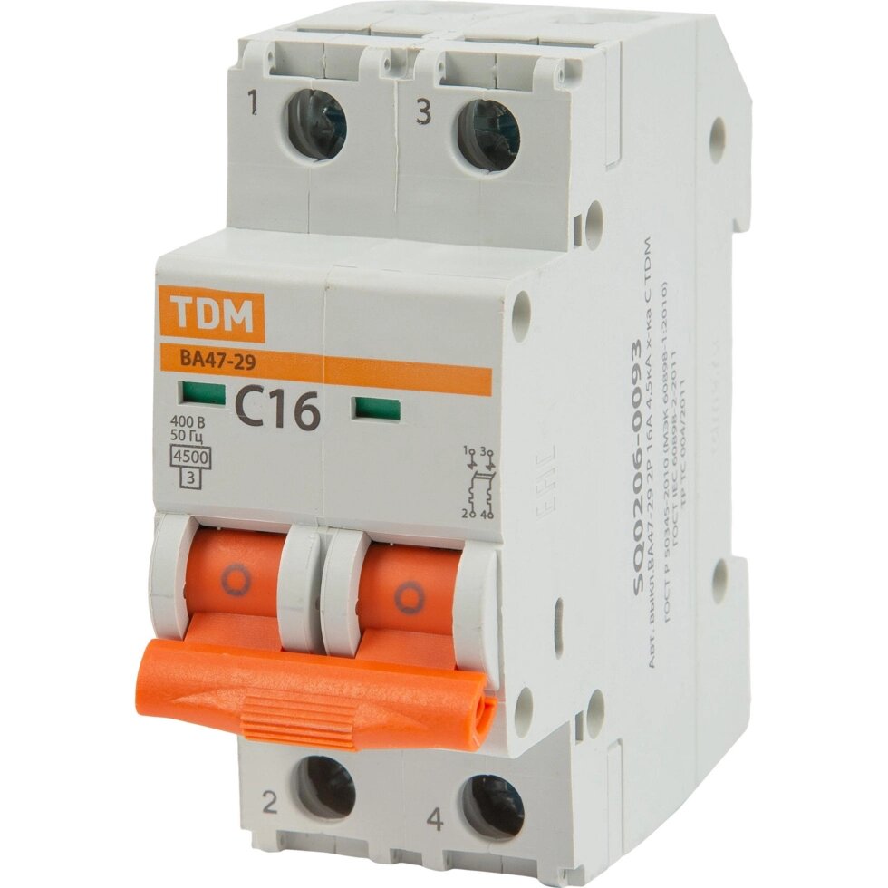 Автоматический выключатель TDM Electric ВА47-29 2P C16 А 4.5 кА SQ0206-0093 от компании ИП Фомичев - фото 1
