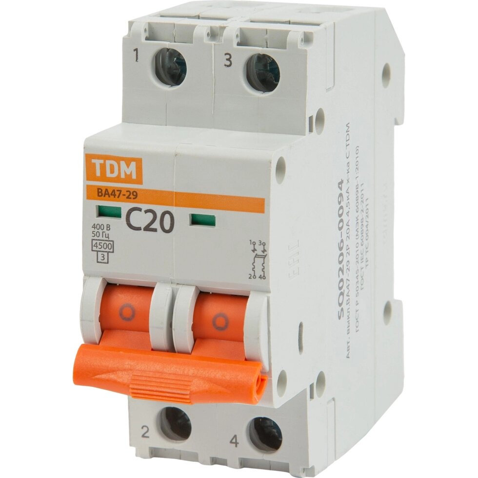 Автоматический выключатель TDM Electric ВА47-29 2P C20 А 4.5 кА SQ0206-0094 от компании ИП Фомичев - фото 1