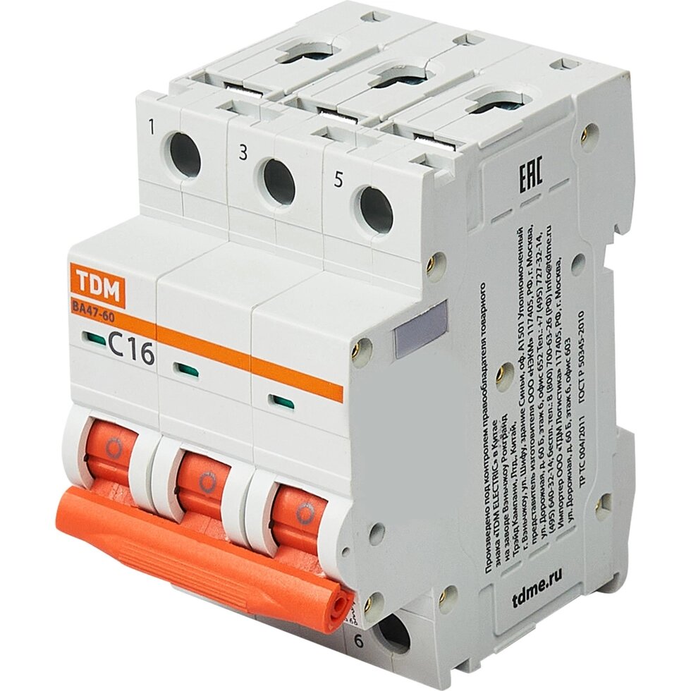 Автоматический выключатель TDM Electric ВА47-60 3P C16 А 6 кА SQ0223-0109 от компании ИП Фомичев - фото 1
