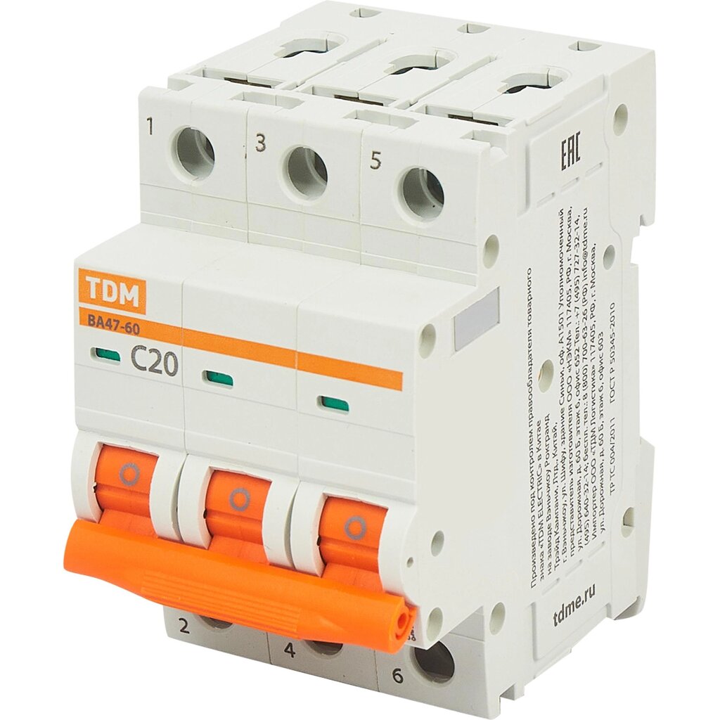 Автоматический выключатель TDM Electric ВА47-60 3P C20 А 6 кА SQ0223-0110 от компании ИП Фомичев - фото 1