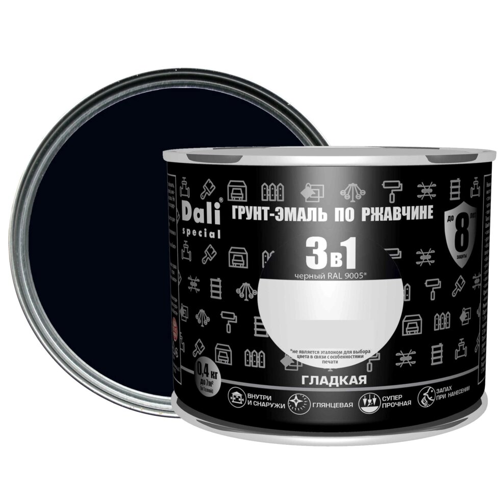 Эмаль по ржавчине 3 в 1 Dali гладкая цвет чёрный 0.4 кг от компании ИП Фомичев - фото 1