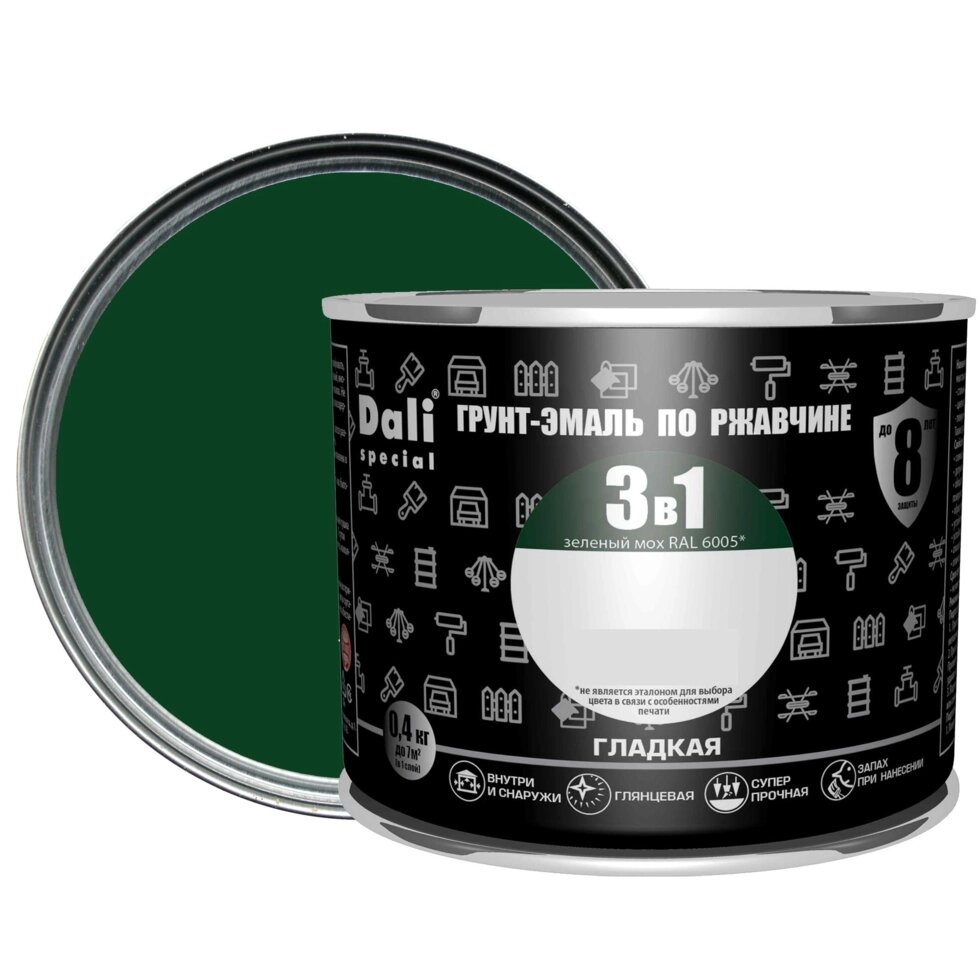 Эмаль по ржавчине 3 в 1 Dali гладкая цвет зелёный мох 0.4 кг от компании ИП Фомичев - фото 1