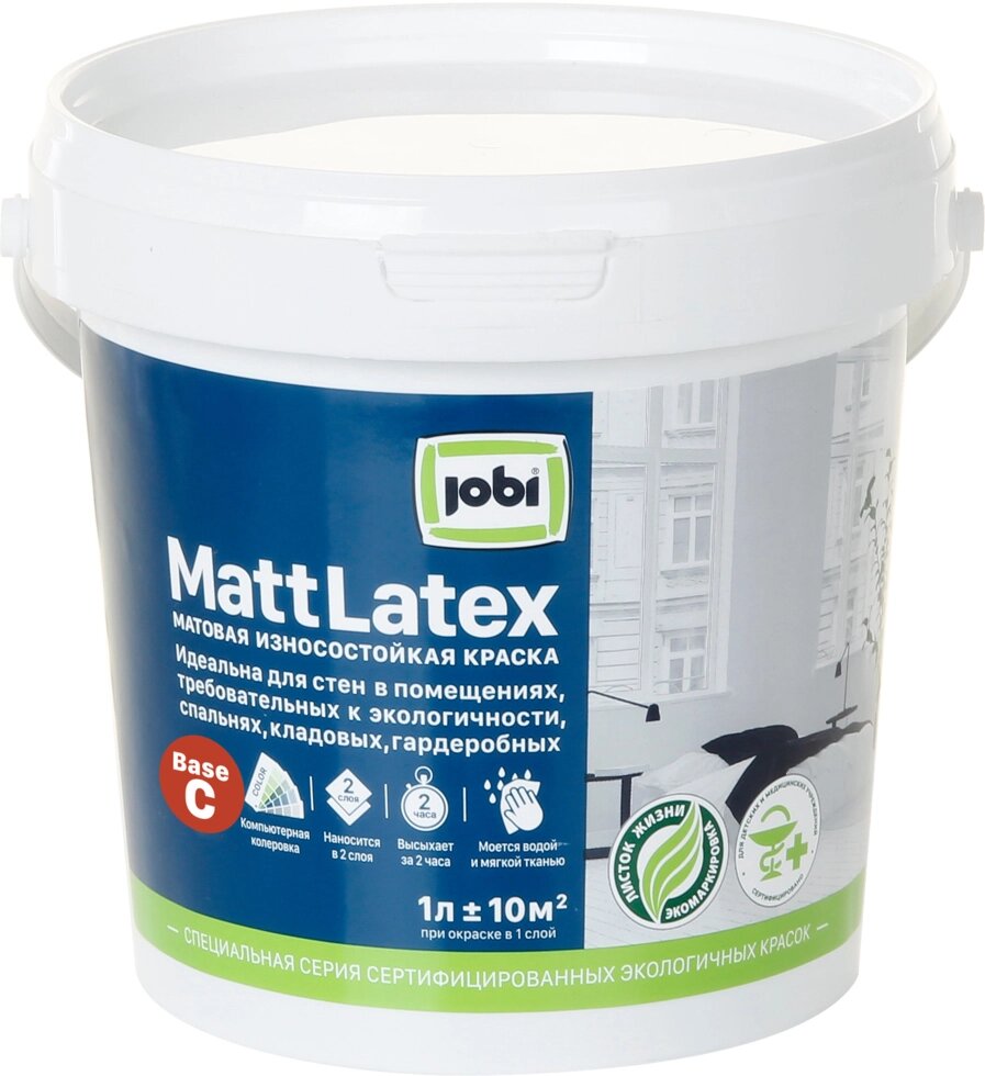 Краска для колеровки для стен и потолков Jobi «Mattlatex», прозрачная база C, 1 л от компании ИП Фомичев - фото 1