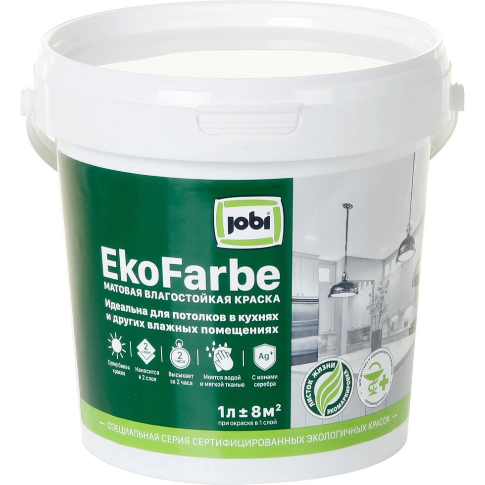 Краска для кухни и ванной Jobi «Ekofarbe», цвет белый, 1 л от компании ИП Фомичев - фото 1