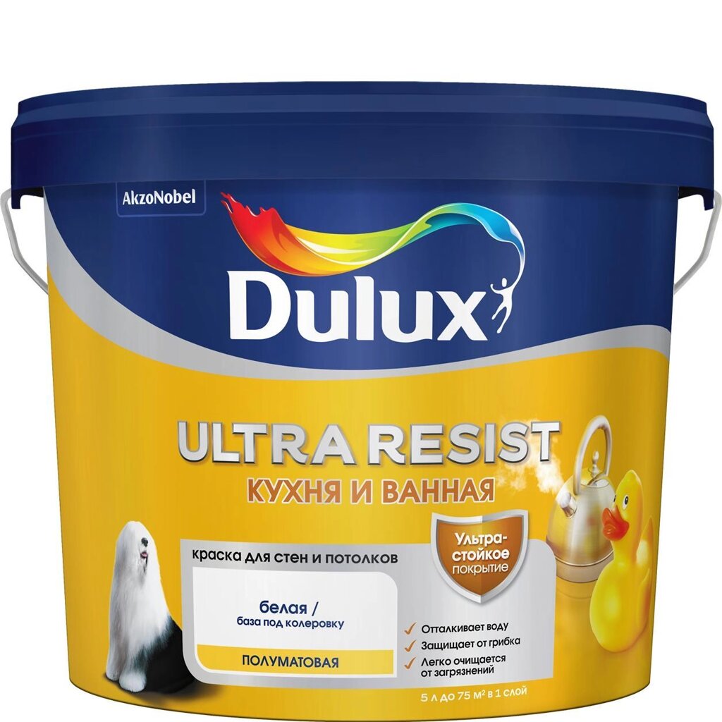 Краска для стен кухни и ванны Dulux Ultra Resist белая база BW 5 л от компании TOO RT UNIVERSAL GROUP - фото 1