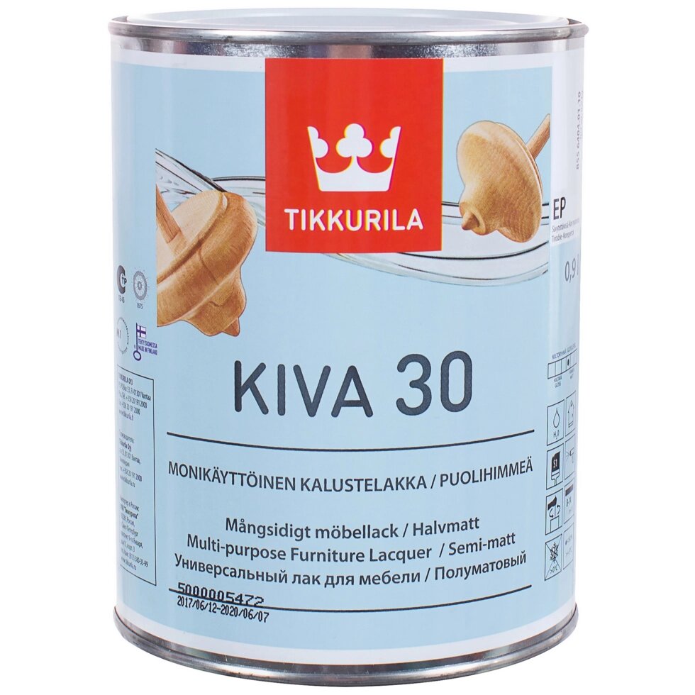 Лак для мебели акриловый полуматовый Tikkurila Kiva 30 0.9 л от компании ИП Фомичев - фото 1