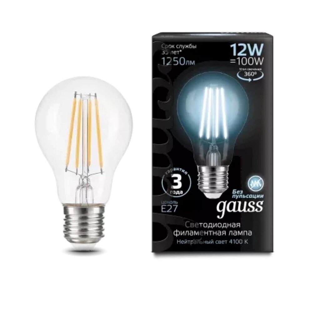 Лампа Gauss LED Filament A60 12W E27 1250 lm 4100K 102902212 от компании ИП Фомичев - фото 1