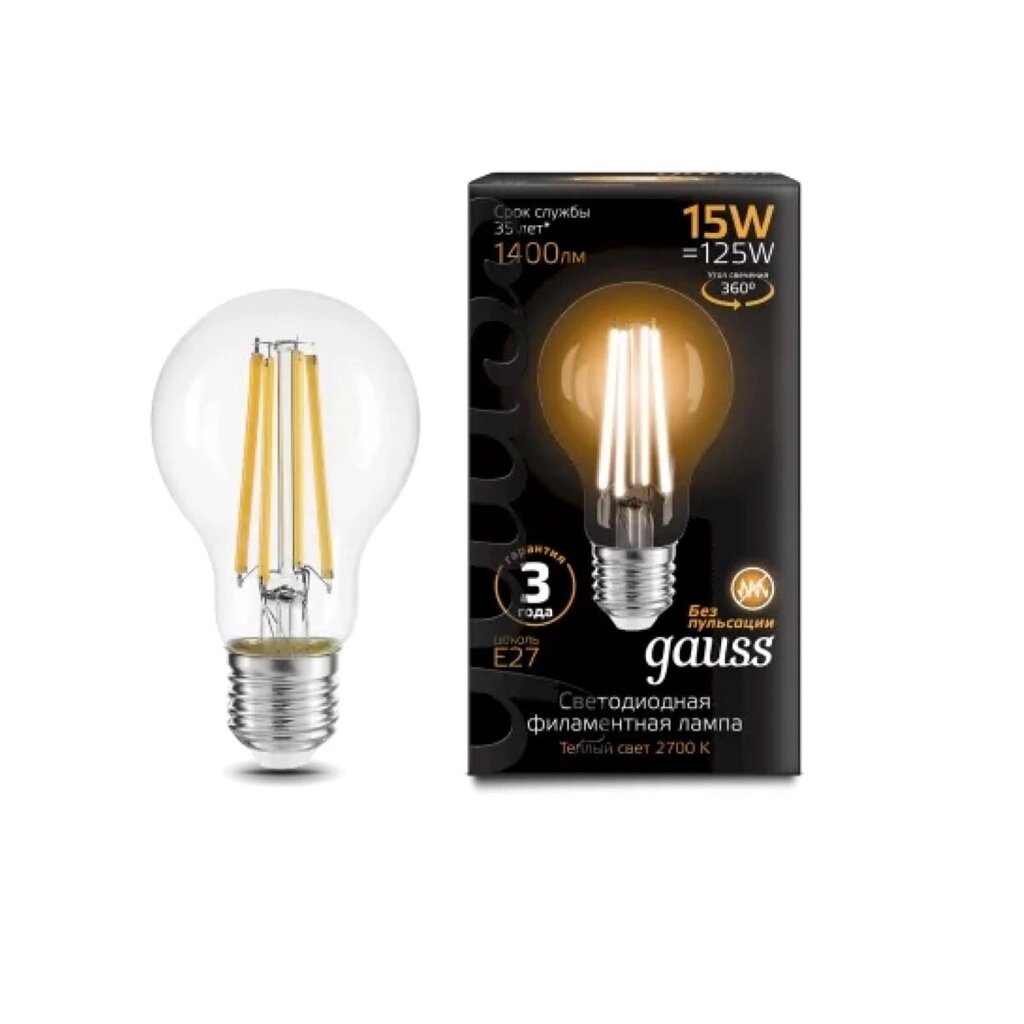 Лампа Gauss LED Filament A60 15W E27 1400 lm 2700K 102902115 от компании ИП Фомичев - фото 1