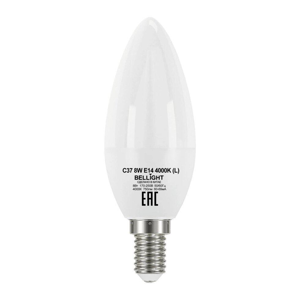 Лампа светодиодная Bellight E14 220-240 В 8 Вт свеча матовая 750 лм, нейтральный белый свет от компании ИП Фомичев - фото 1