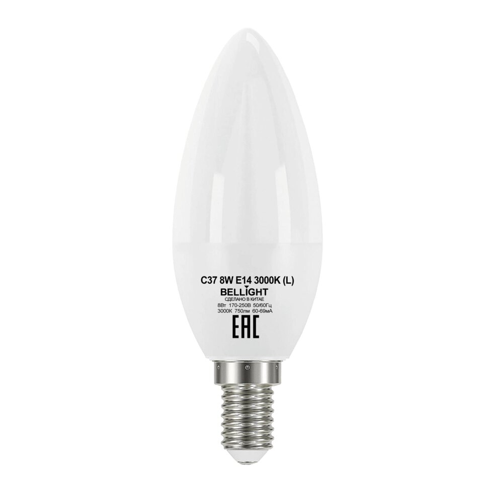 Лампа светодиодная Bellight E14 220-240 В 8 Вт свеча матовая 750 лм, теплый белый свет от компании ИП Фомичев - фото 1