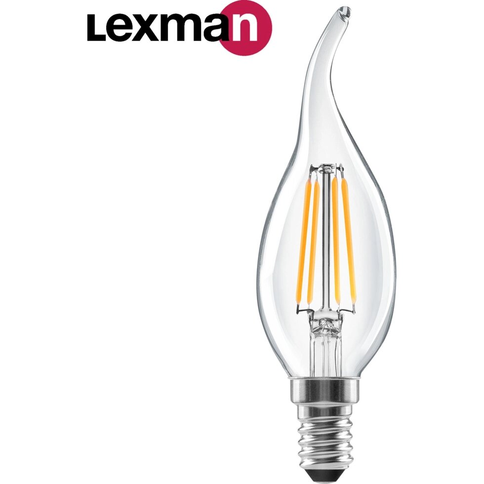 Лампа светодиодная Lexman E14 220-240 В 5 Вт свеча на ветру прозрачная 600 лм теплый белый свет от компании ИП Фомичев - фото 1