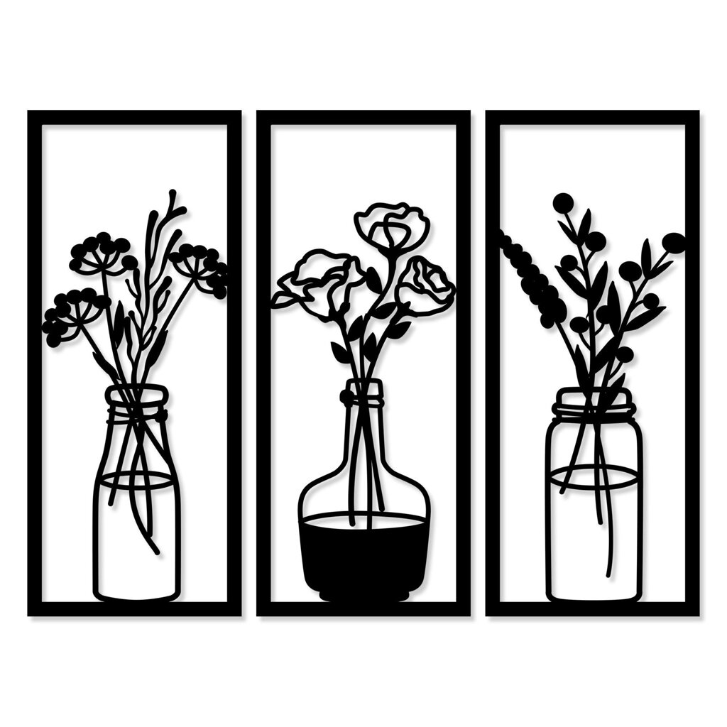 Панно декоративное Цветы в вазах МДФ 25x59 см черное от компании ИП Фомичев - фото 1