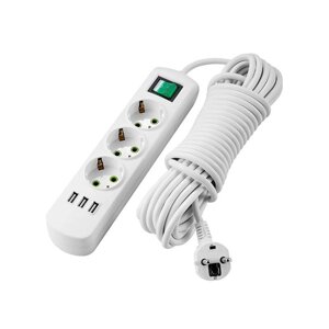 Удлинитель 10А 3входа/16A 250V 5м с USB с выкл LETITIA 721 0305 302U