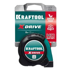 Рулетка KRAFTOOL X-Drive 8м / 25мм с ударостойким обрезиненным корпусом