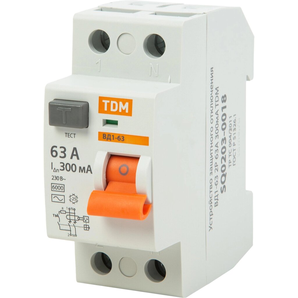 УЗО TDM Electric ВД1-63 2Р 63 А 300 мА 4.5 кА AC SQ0203-0018 от компании ИП Фомичев - фото 1