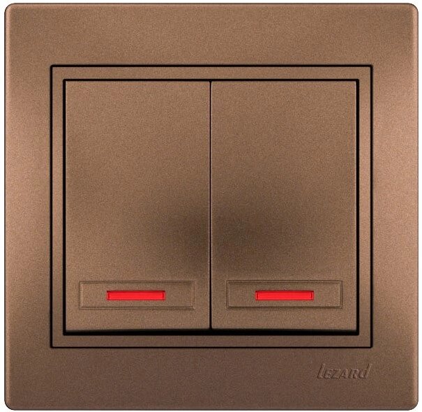Выключатель MIRA двойной с подсветкой светло-коричневый перламутр со вставкой 701-3131-112 от компании ИП Фомичев - фото 1