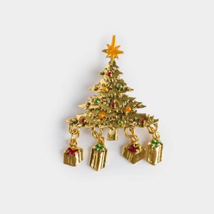 Брошь, 3 см, металл, зелено-золотистая, Елка со звездой, Jewelry christmas