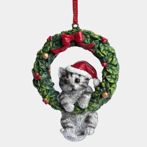 Игрушка елочная, 11 см, полирезин, серая, Кошка на венке, Figure christmas