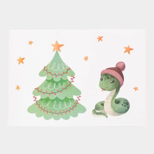 Наклейка, 30х21 см, одноразовая, ПВХ, Змея с елкой, Christmas decal