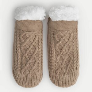 Носки женские, домашние, р. 39-41, акрил/шерпа, песочные, Косы, Knitted soft