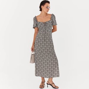 Платье женское, миди, р. XL, с коротким рукавом, с разрезом, вискоза, черное, Цветы, Drina