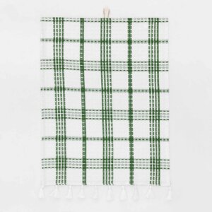 Полотенце кухонное, 40х60 см, с кисточками, хлопок, белое, Зеленая клетка, Cage pattern