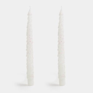 Свеча, 25 см, 2 шт, тонкая, с блестками, бело-серебристая, Елка, Fir candle