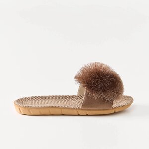 Тапочки женские, р. 35-36, с помпоном, полиэстер/лен, коричневые, Pompon