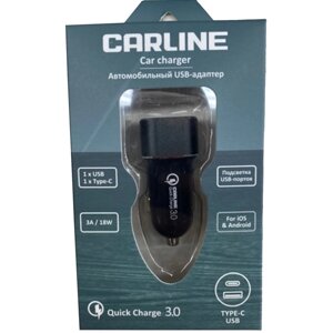Адаптер автомобильный CARLINE 2хUSB, USB QC 3.0 + PD TypeC, в прикуриватель 12/24В, черный 100247