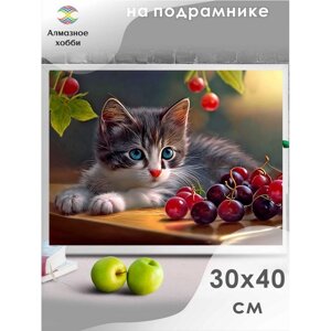 Алмазная мозаика «Котенок с ягодами», 30 40 см, на подрамнике