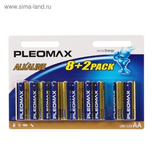 Батарейка алкалиновая Pleomax, AA, LR6-10BL, 1.5В, блистер, 8+2 шт.