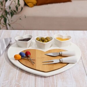 Блюдо керамическое для подачи «Эстет. Сердце», 8 предметов: 3 соусника 864 см, 3 шпажки, нож, вилочка, цвет белый