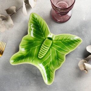 Блюдо керамическое сервировочное «Бабочки», 21,520,5 см, цвет зелёный