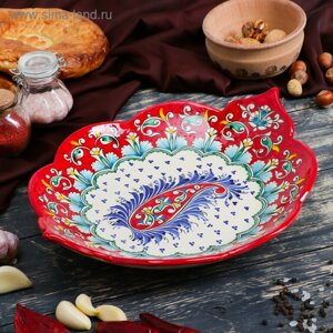 Блюдо Риштанская Керамика "Узоры" , 34 см, красное, рифлёное, овальное