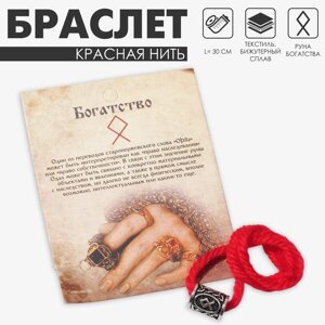 Браслет-амулет на нити «Красная нить» руна богатство, красный с чернёным серебром, 30 см