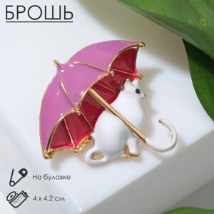 Брошь «Кошка» под зонтом, цвет бело-розовый в золоте