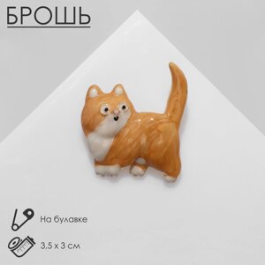 Брошь "Кот" домашний, цвет бело-коричневый в золоте