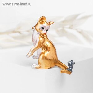Брошь «Кот и мышь», цвет оранжево-серый в золоте