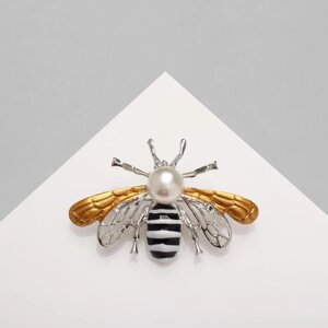 Брошь «Пчела» крупная, цвет чёрно-белый в серебре