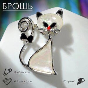 Брошь «Перламутр» кошка с бантиком, цвет бело-чёрный в серебре
