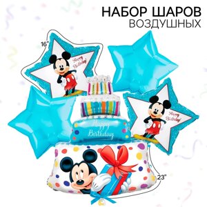 Букет из шаров фольгированных "Happy Birthday", набор 5 шт, Микки Маус, 4 звезды, тортик