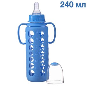 Бутылочка в силиконовом чехле, с ручками, стекло, классическое горло, 240 мл. 0 мес, цвет голубой