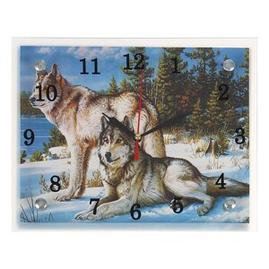 Часы-картина настенные, интерьерные "Волки в Зимнем Лесу", бесшумные, 20 х 25 см