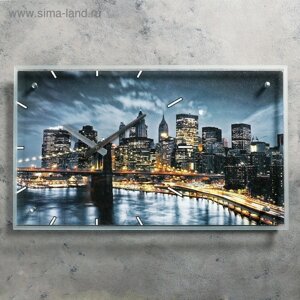 Часы-картина настенные, серия: Город, "Бруклинский Мост. Ночной Нью-Йорк", 35х60 см