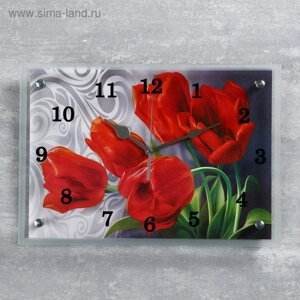 Часы-картина настеные, интерьерные "Красные тюльпаны" бесшумные, 25 х 35 см