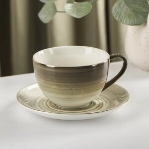 Чайная пара фарфоровая Доляна «Млечный путь», 2 предмета: чашка 220 мл, блюдце d=13,5 см, цвет зелёный