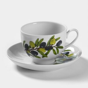 Чайная пара фарфоровая «Оливки», 275 мл, чашка d=9,2 см, блюдце d=15,1 см, рисунок МИКС
