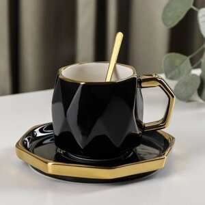 Чайная пара керамическая с ложкой «Принцесса», 2 предмета: чашка 280 мл, блюдце d=14 см, цвет чёрный